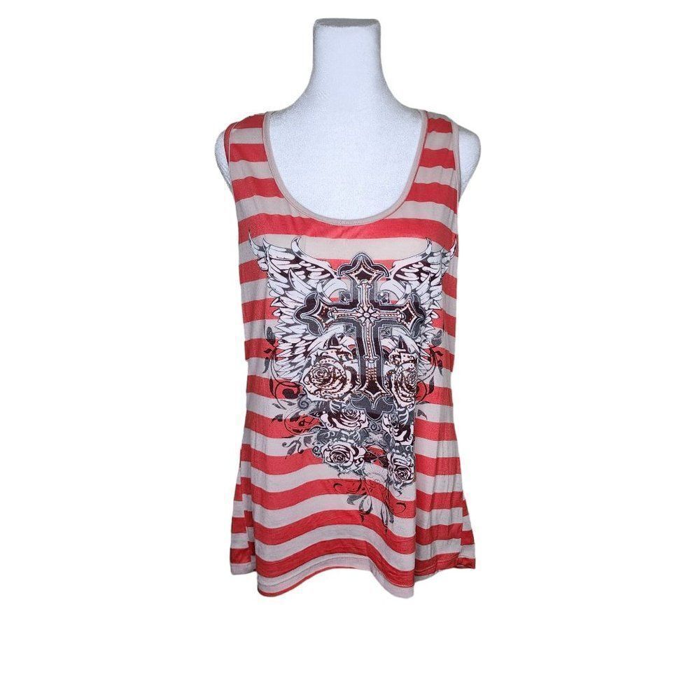Y2K Red Ranch Cross Design Flowy Tank Top Womens Size XXL Red White